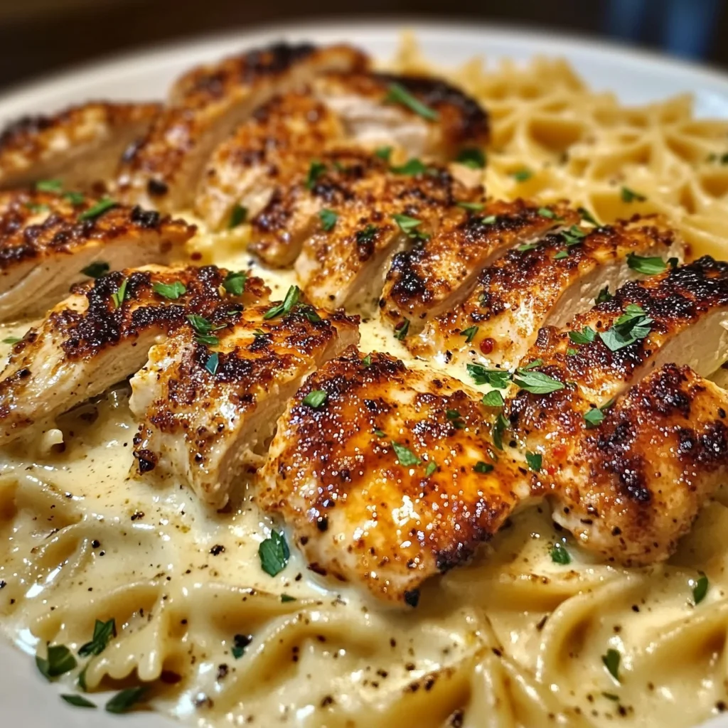 Cajun Garlic Parmesan Chicken Bowtie Pasta with Three-Cheese Alfredo Sauce