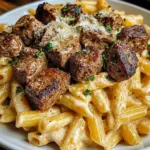 Cajun Steak Tips with Cheesy Penne Parmesan Sauce