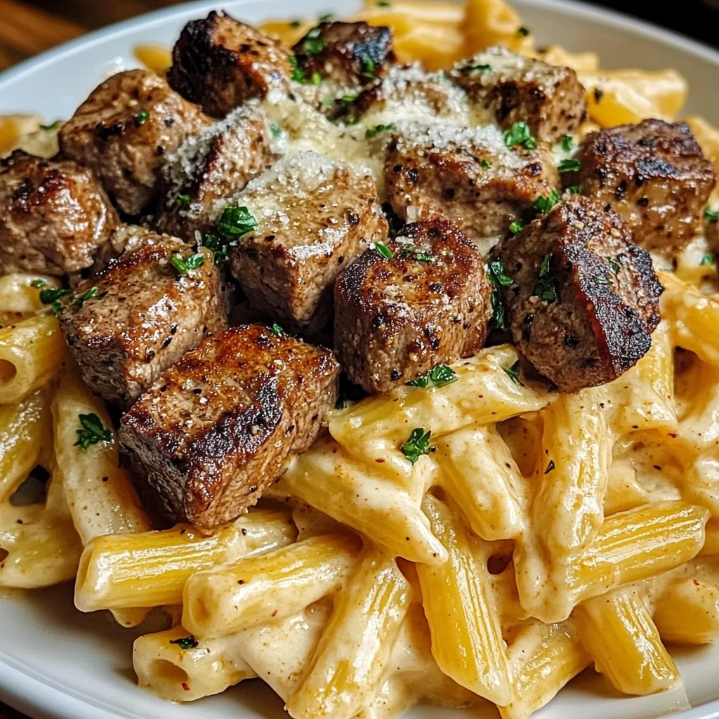 Cajun Steak Tips with Cheesy Penne Parmesan Sauce
