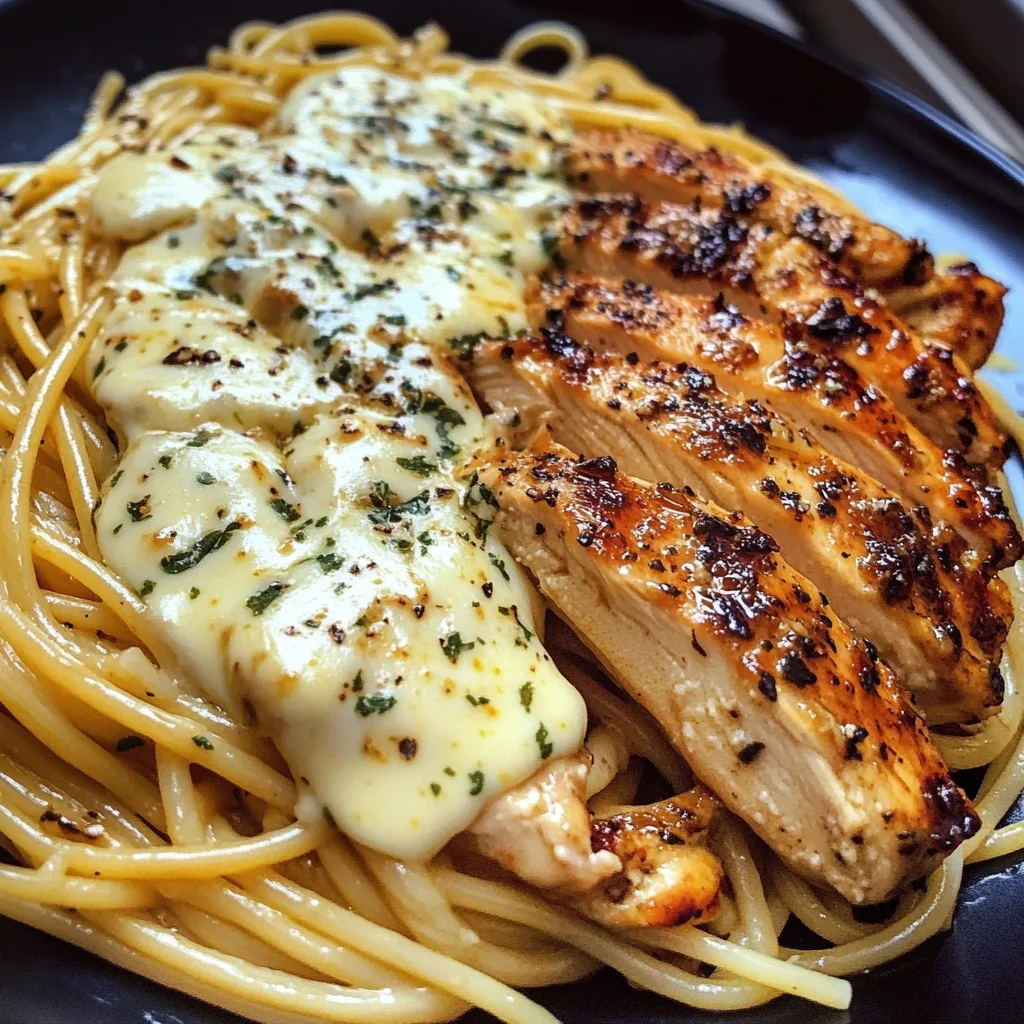 Garlic Butter Chicken Spaghetti with Mozzarella Three-Cheese Sauce