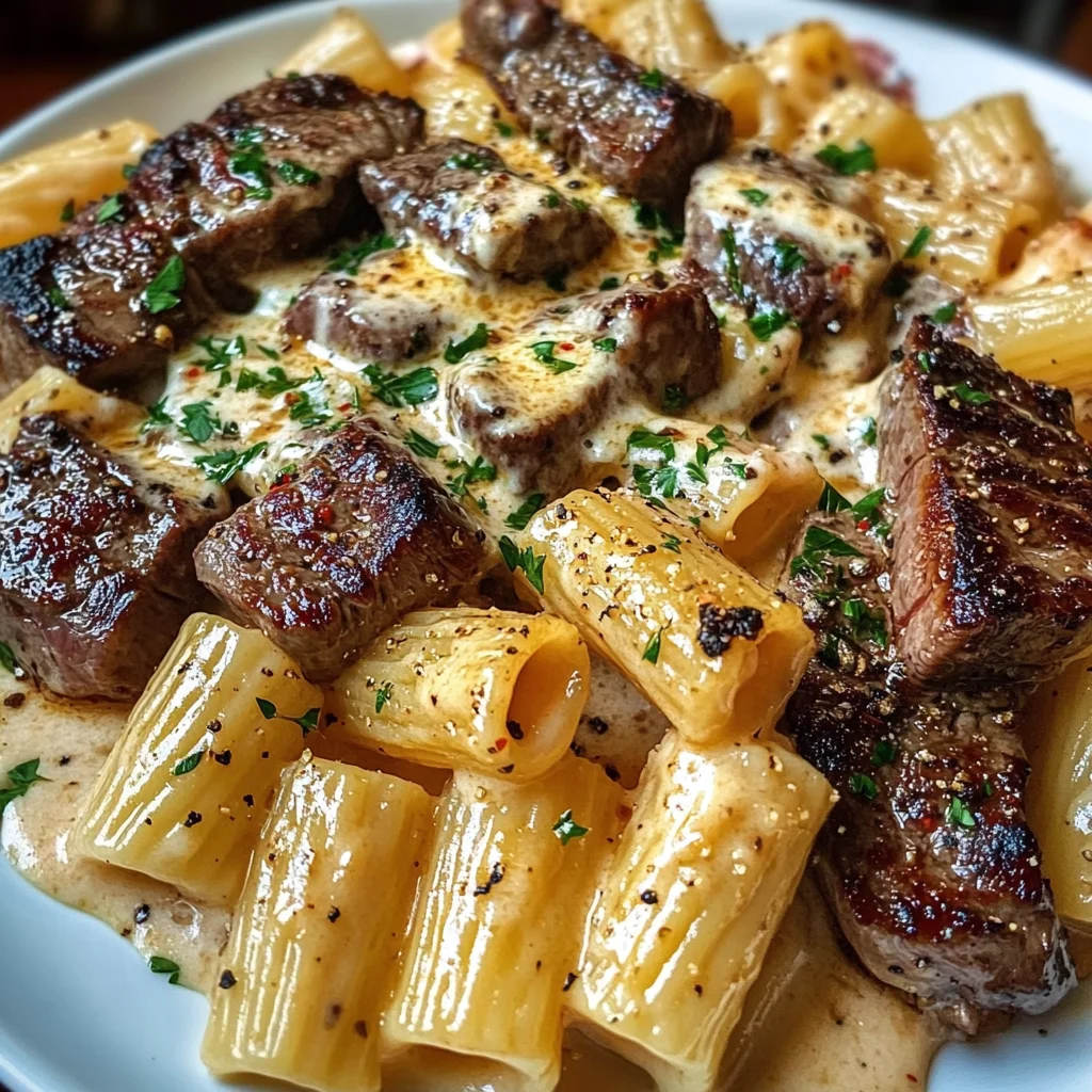 Garlic Butter Steak Bites with Creamy Mozzarella Rigatoni