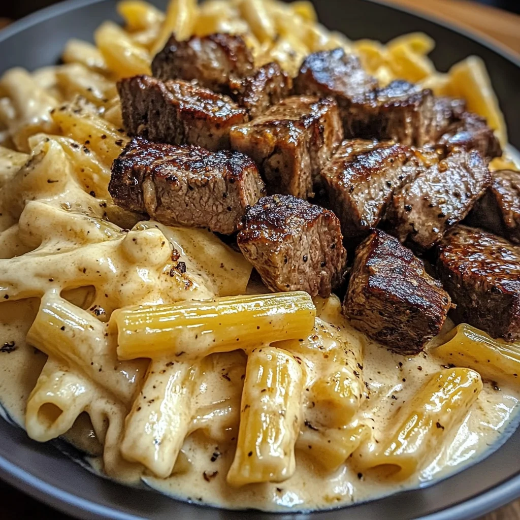 Garlic Butter Steak Bites with Creamy Velveeta Mozzarella Penne