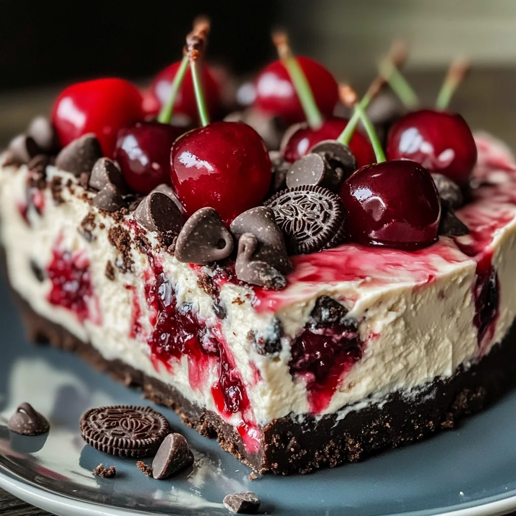 Oreo Cherry Chocolate Chip No Bake Cheesecake Recipe