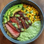 Steak Avocado Roasted Corn Bowl with Cilantro Cream Sauce delights!