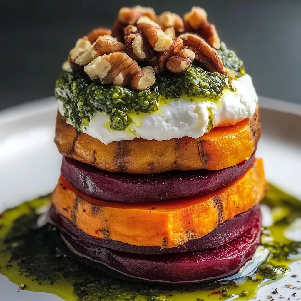 Sweet Potato & Beet Stacks with Pesto, Burrata & Walnuts Recipe