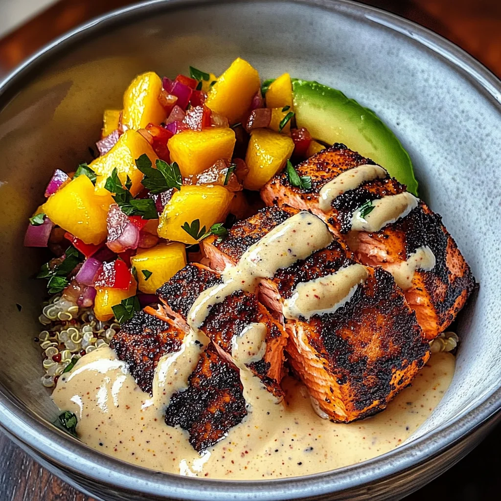 Blackened Salmon Bowl With Mango Salsa & Chipotle Crema