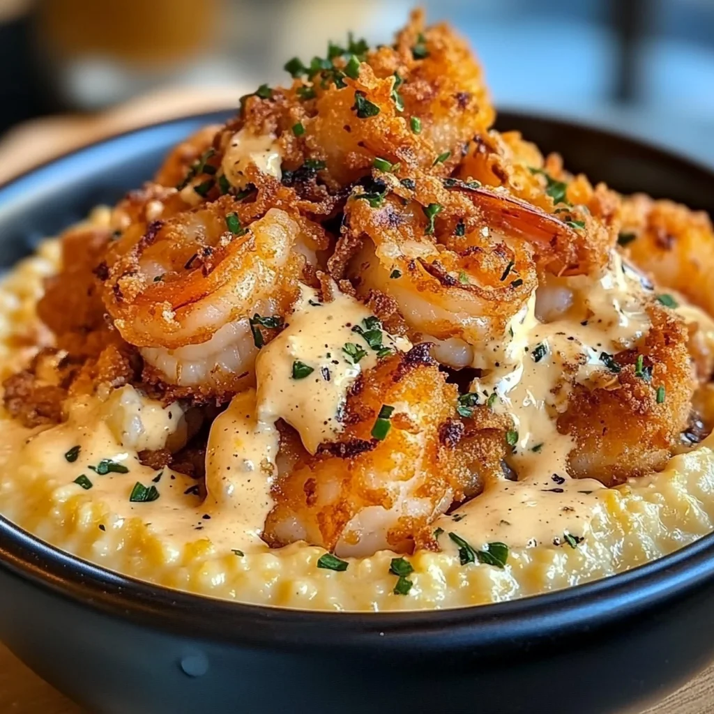 Crispy Shrimp and Grits with Crab Cream Sauce